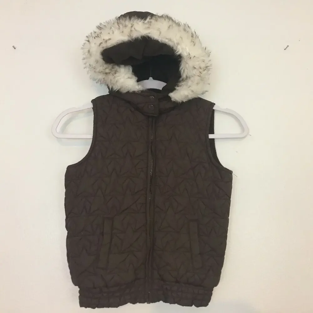 Y2K Gymboree Girl Vest Size M (7/8) Faux Fur Trim Jacket Quilt Brown Hoodie